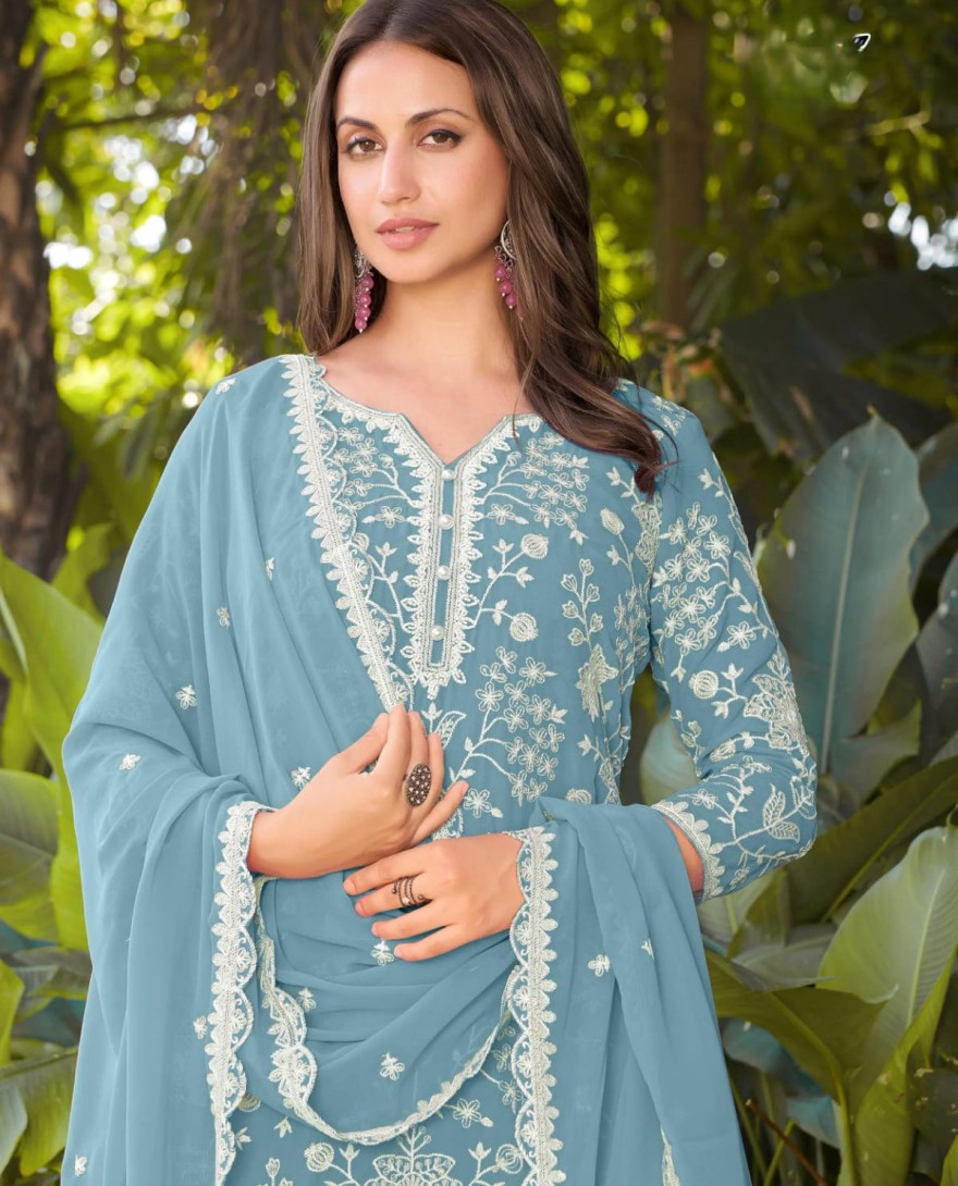 BLUE - Elegant Sky Blue Heavy Embroidery Georgette Designer Palazzo Suit